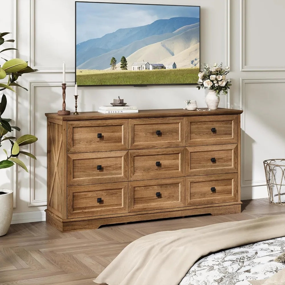 Guangbai Farmhouse 9 Drawer Dresser Wood Storage Chest