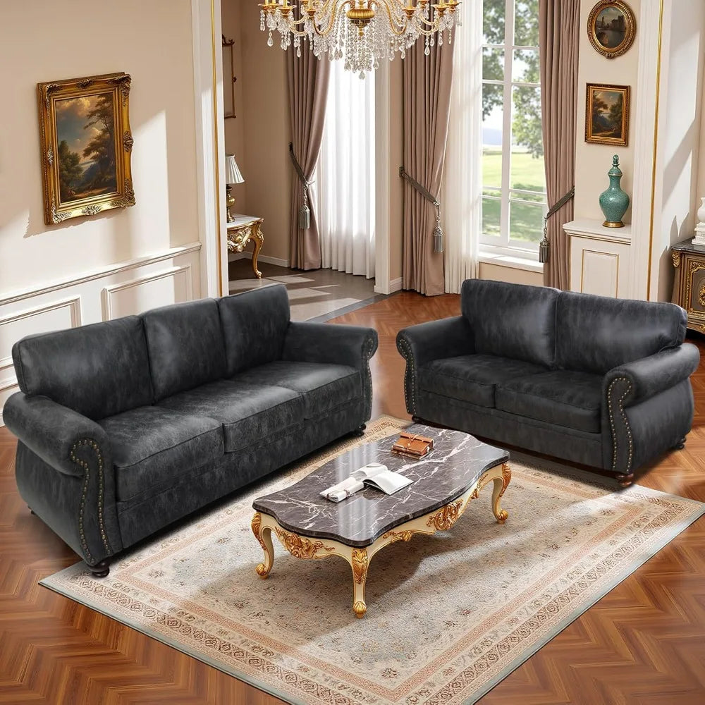 Mid Century Rivet Design Sofa With Upholstered Cushions