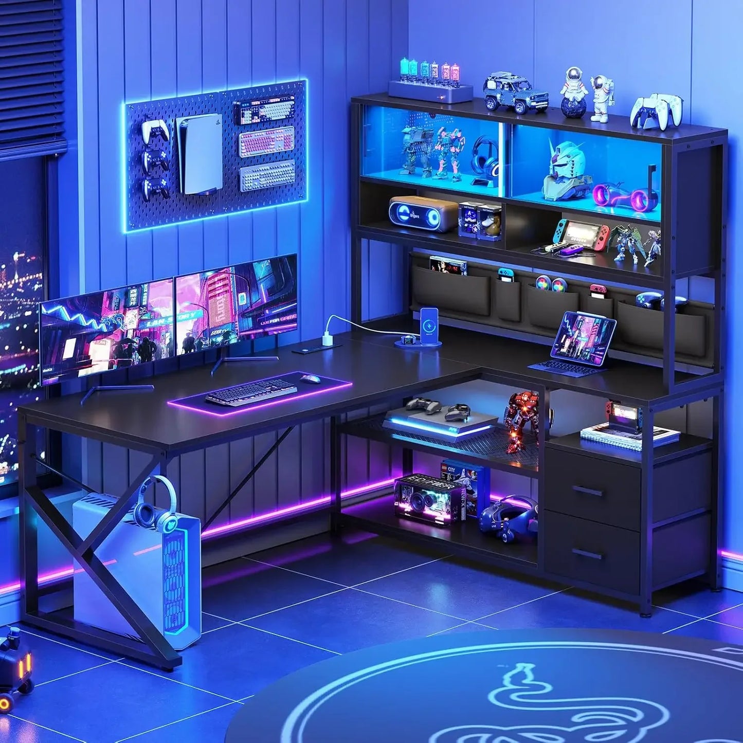 General Use L Shaped Gaming Desk With LED And Bookshelf