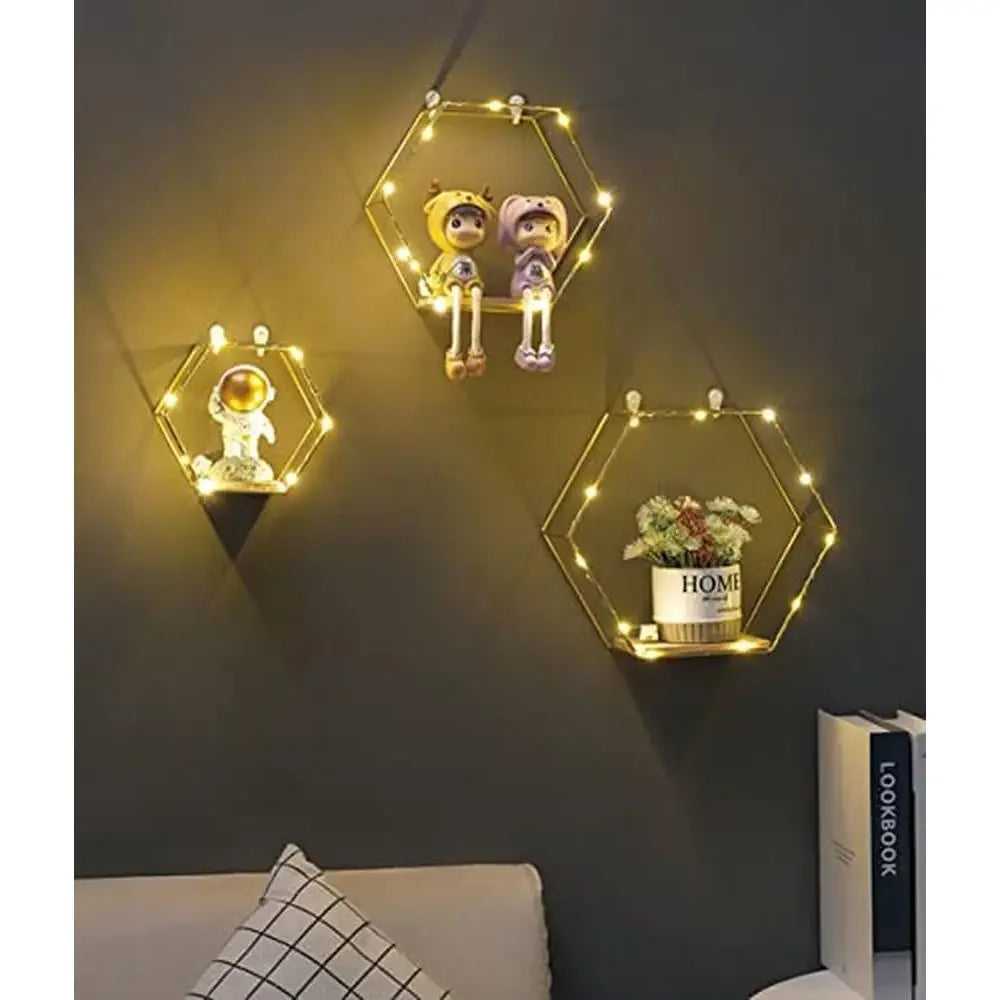 XMSJ Hexagon Metal Wire Wood LED Floating Shelves Set