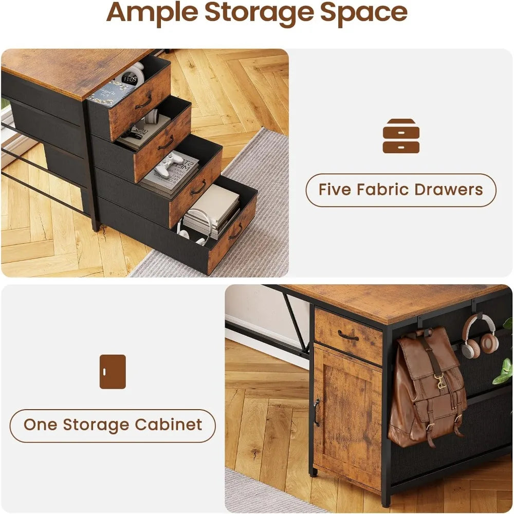 Angduo L Shaped Desk With Five Drawers And Power Outlet