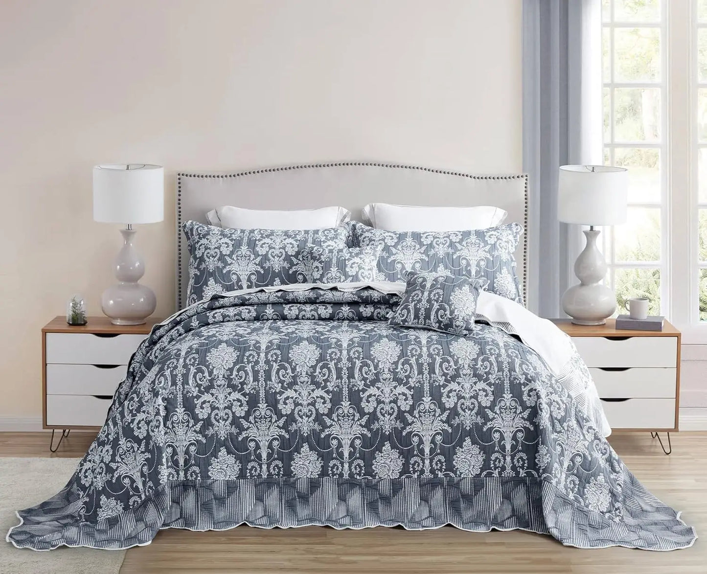 XMSJ Jacquard Matelasse Damask Bedspread Set Lightweight