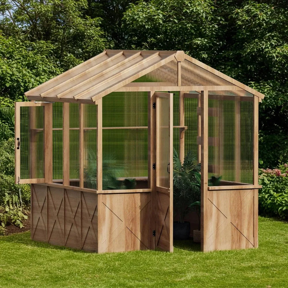 Cover Wooden Greenhouse With Sloped Roof And Shelves