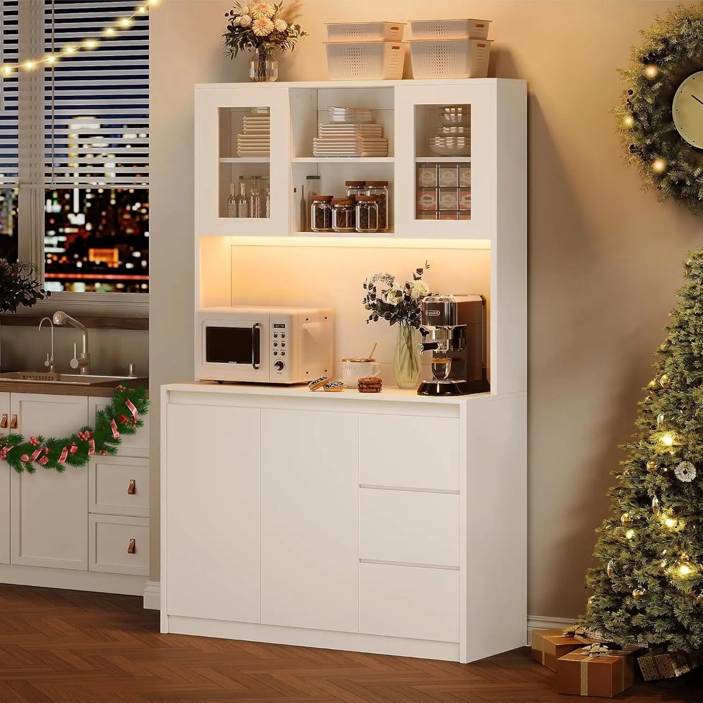 Studyset Kitchen Pantry Cabinet Microwave Stand With Led Lights And Outlets