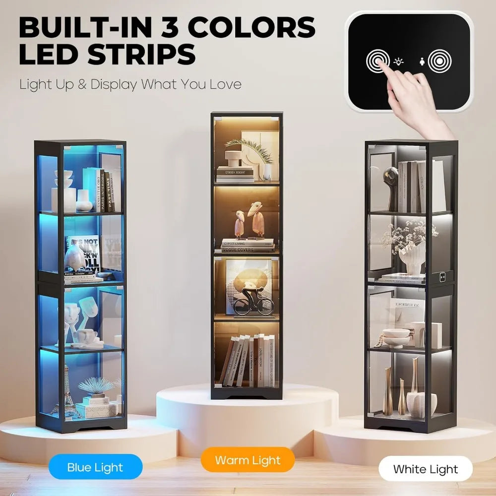 XMSJ Glass Display Cabinet 4 Tier Curio Illuminated Doors