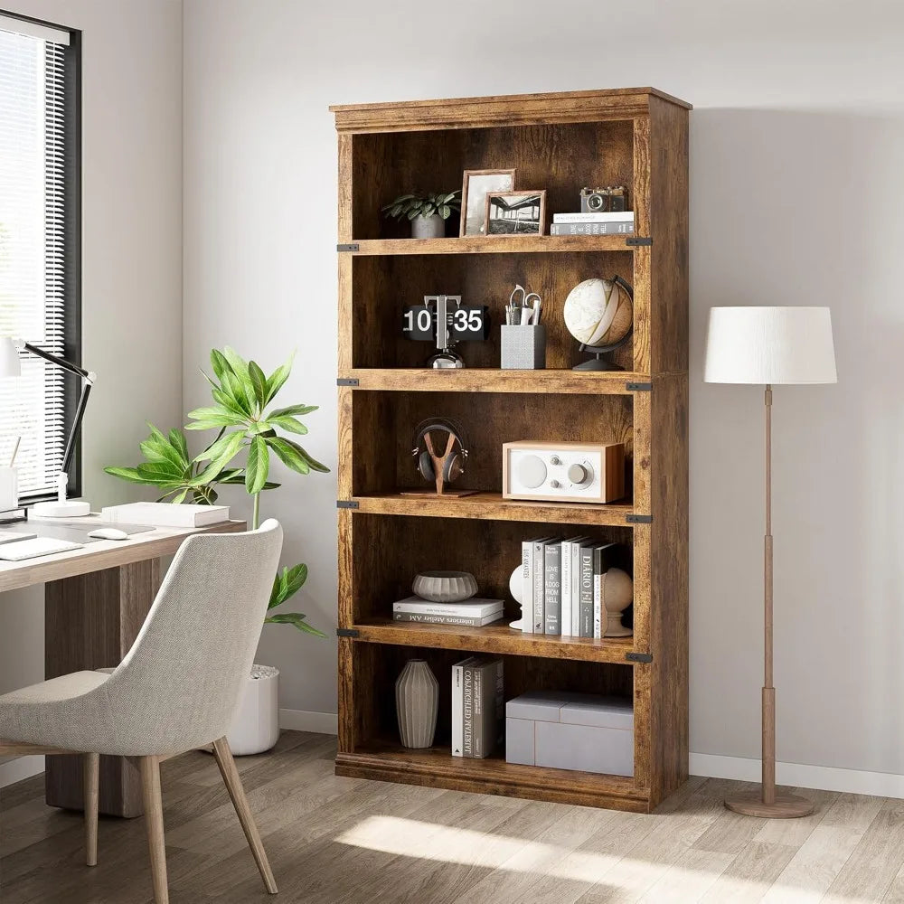ANGDUO Farmhouse 5 Tier Bookcase With Storage Shelf