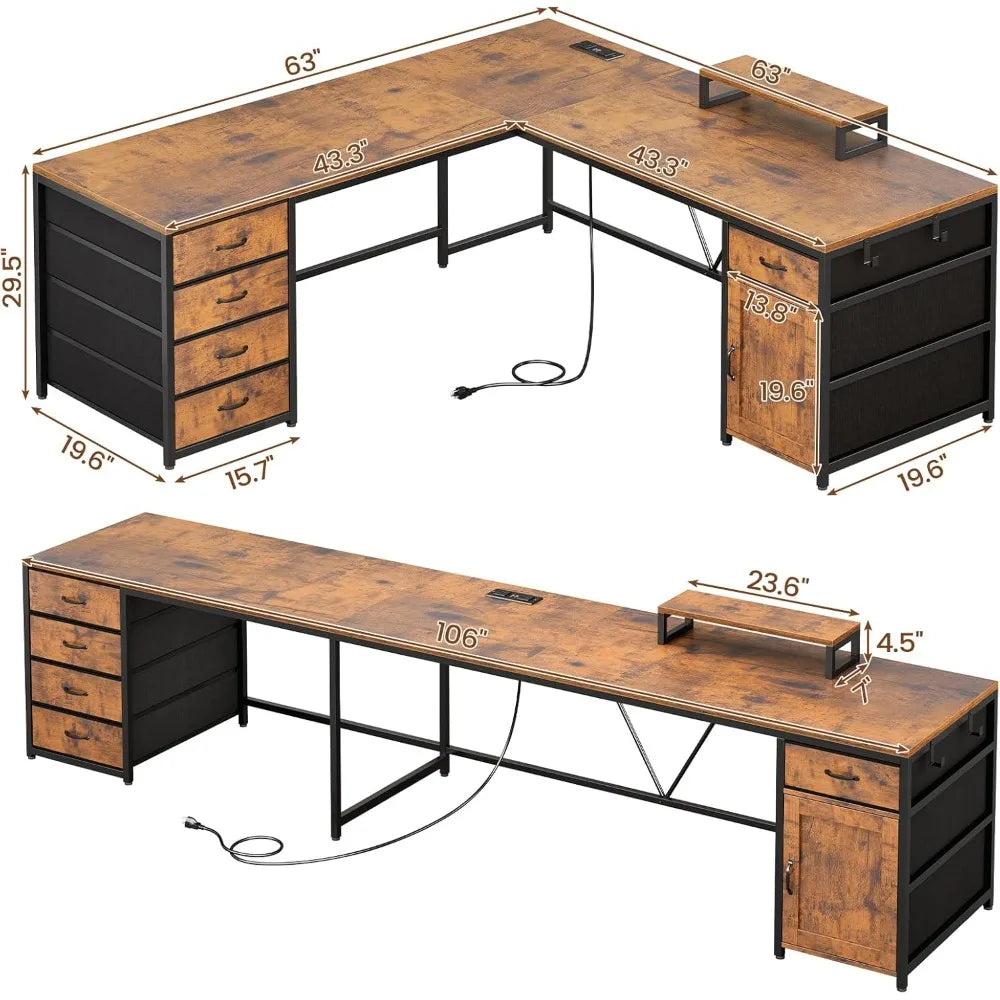 Angduo L Shaped Desk With Five Drawers And Power Outlet