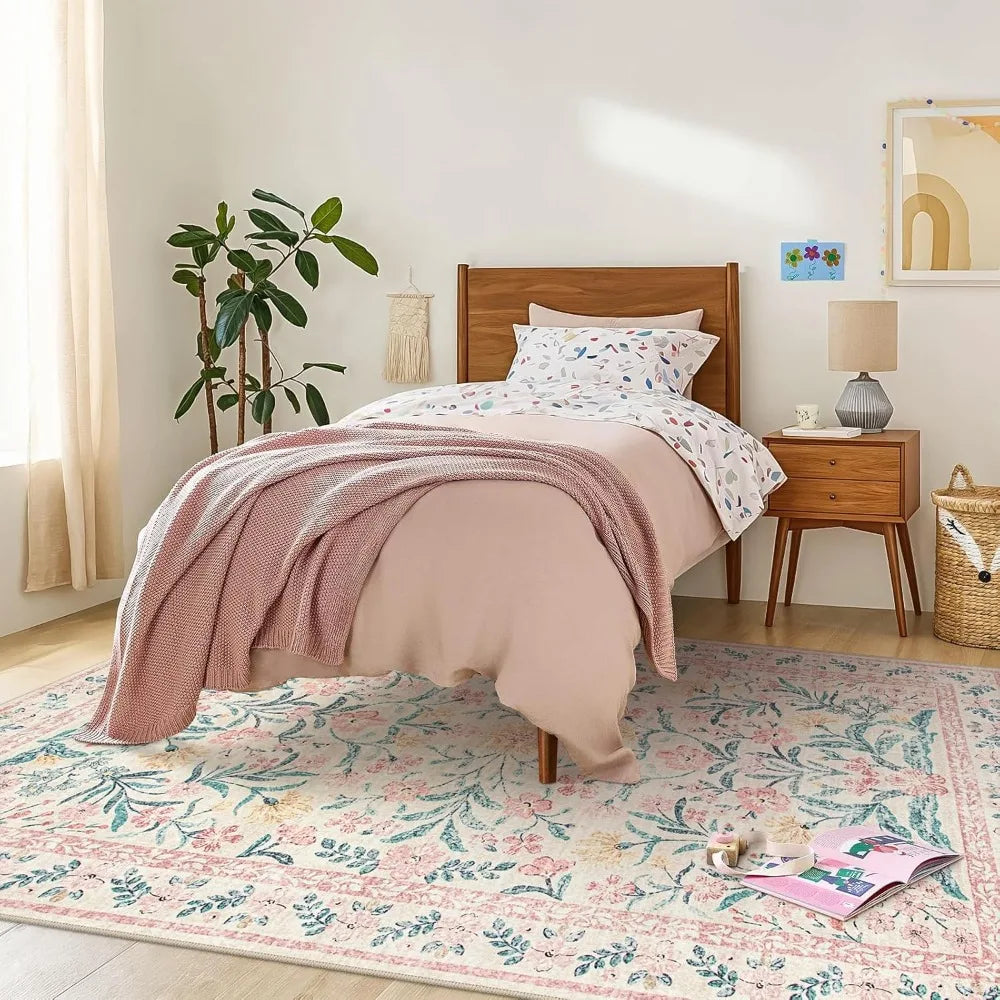 XMSJ Floral Area Rug Soft Boho Washable Non Slip Low Pile Indoor Carpet For Living Room And Bedroom