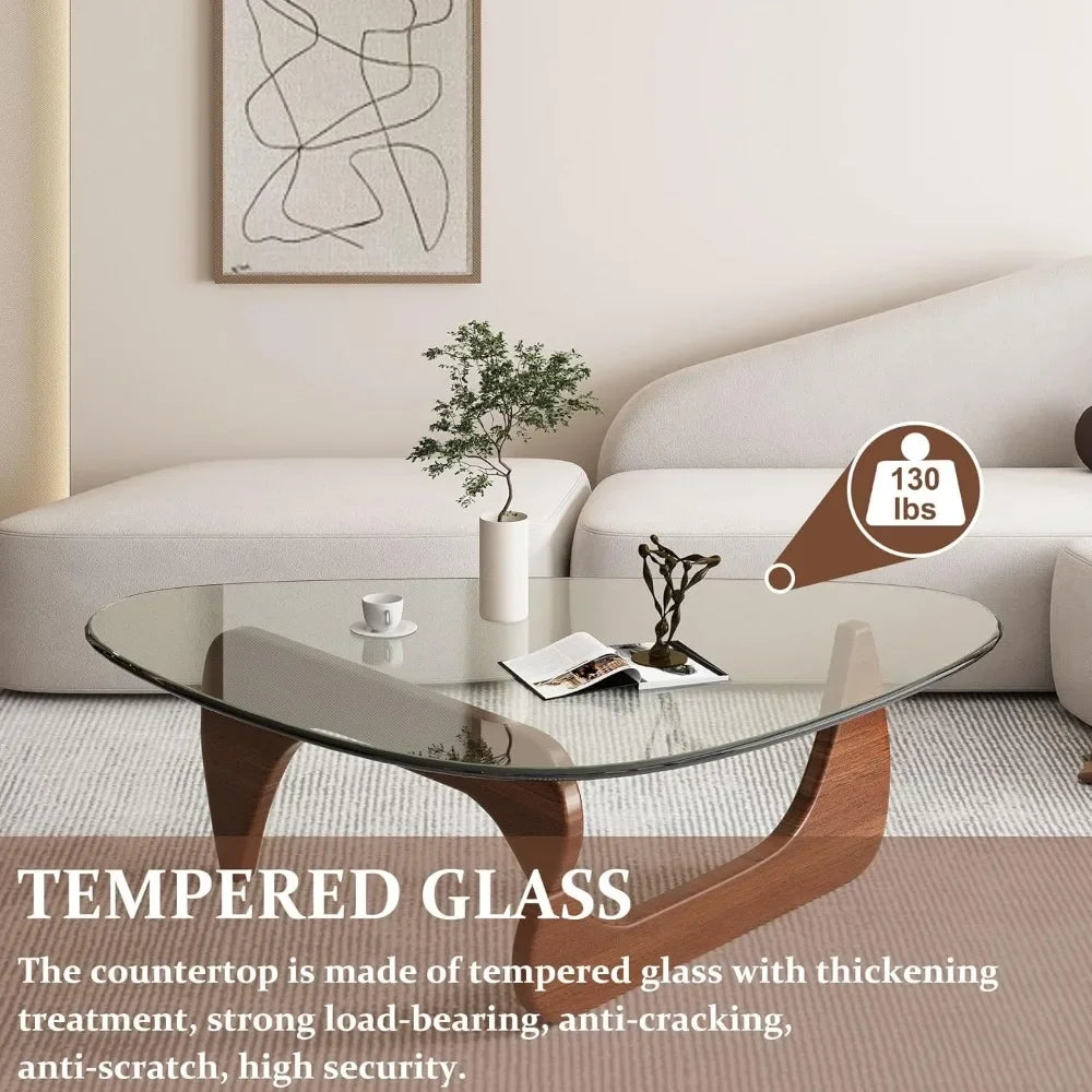 Folded Triangle Glass Coffee Table With Wooden Base