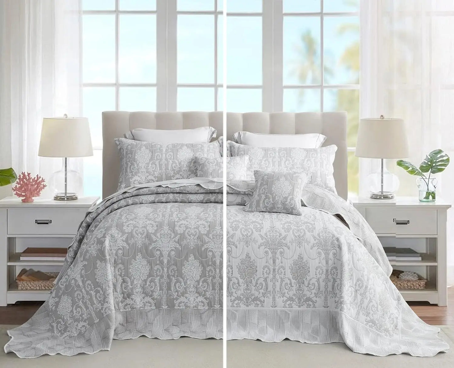 XMSJ Jacquard Matelasse Damask Bedspread Set Lightweight
