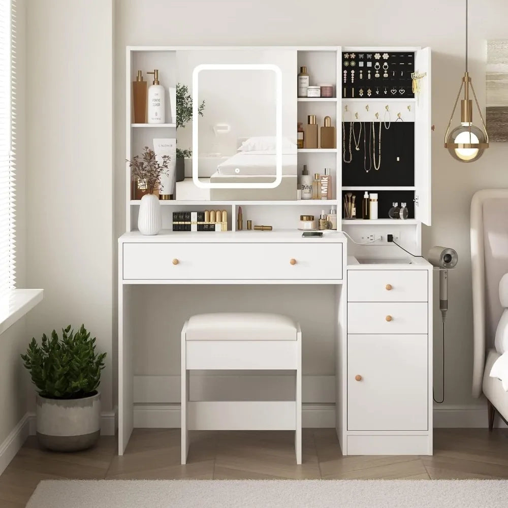 Hign-concerned Vanity Desk with Mirror and Lights 3 Drawers