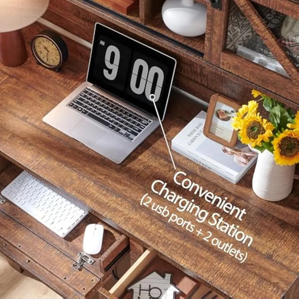 Wood L Shaped Desk With Hutch And Charging Station Storage