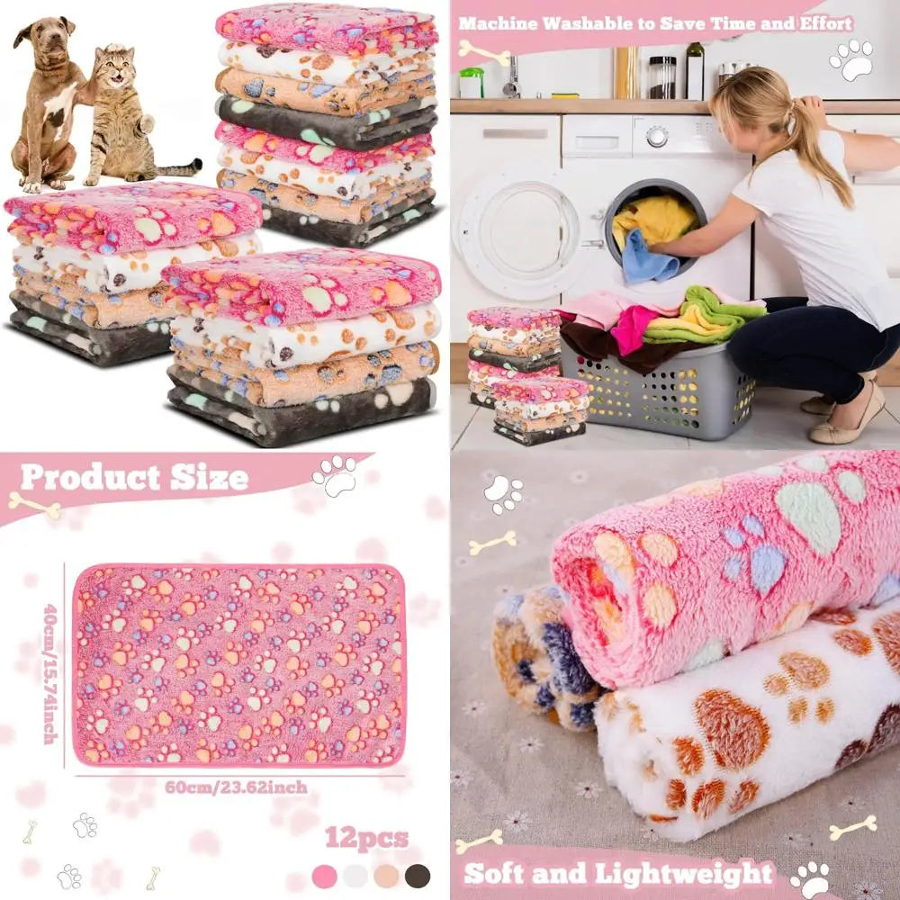 12 Pack Fleece Dog Blankets Paw Print Soft Washable
