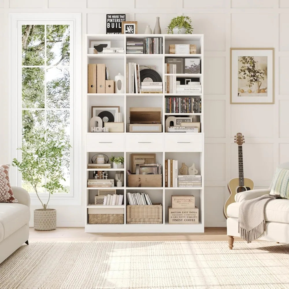 GUANGBAI Tall 9 Tier Bookcase With Drawers Modern Wood