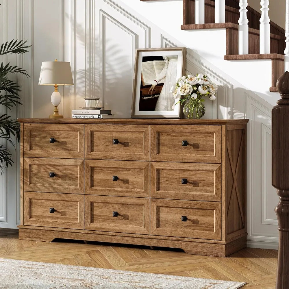 Guangbai Farmhouse 9 Drawer Dresser Wood Storage Chest