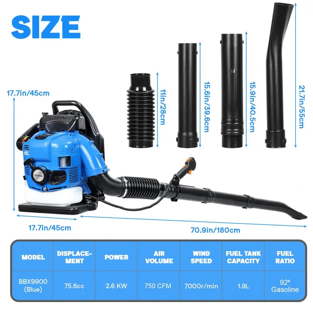 Gas Powered Backpack Leaf Blower 75.6CC For Lawn Care