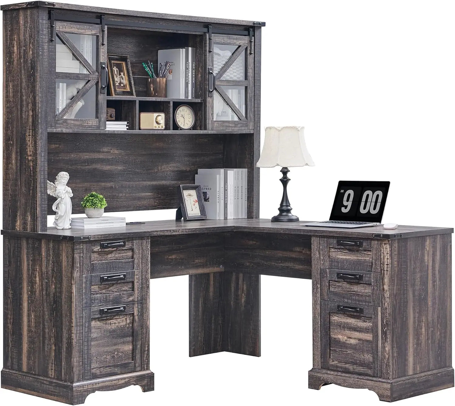 Wood L Shaped Desk With Hutch And Charging Station Storage