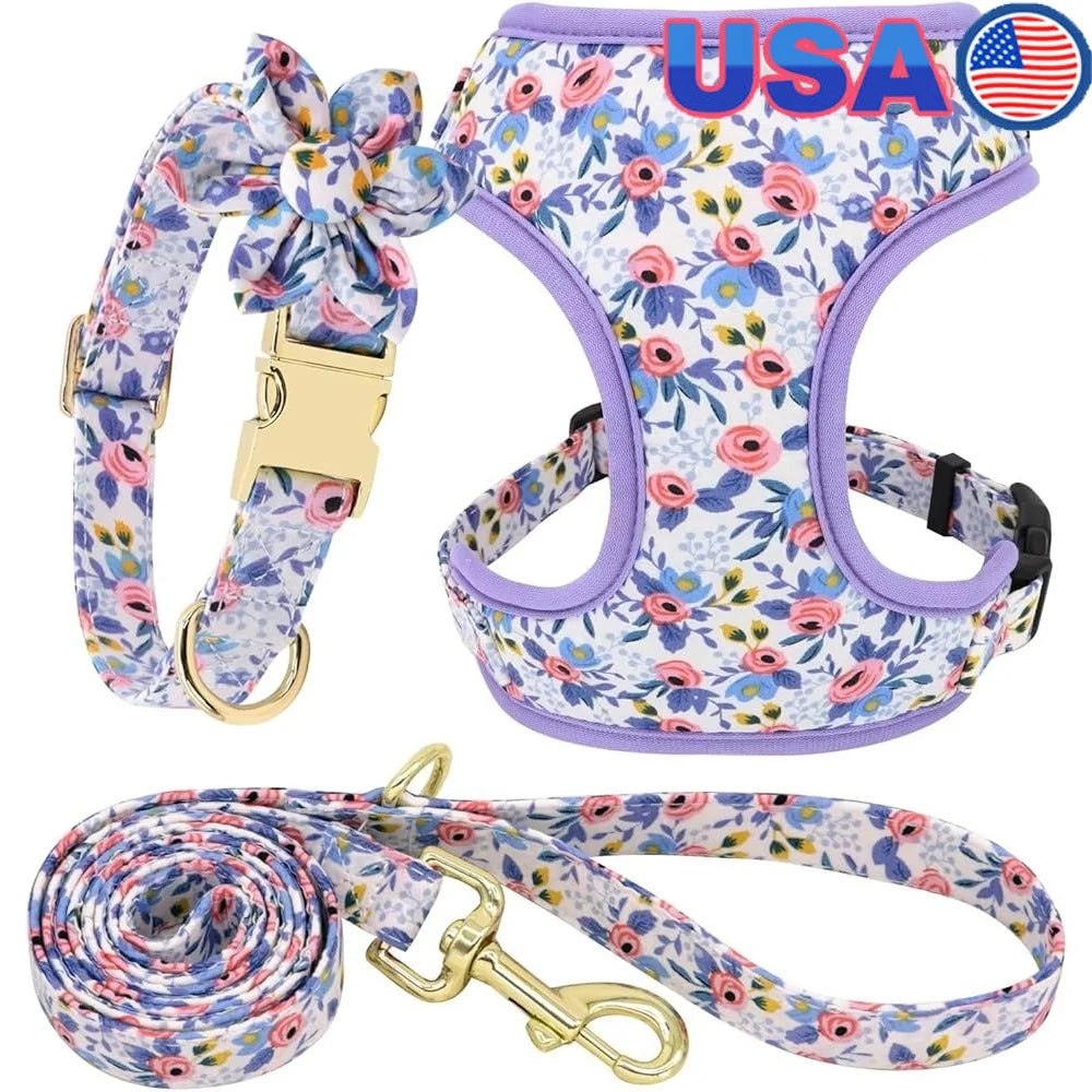 Fujian Cute Dog Harness Leash Collar Floral Mesh Set