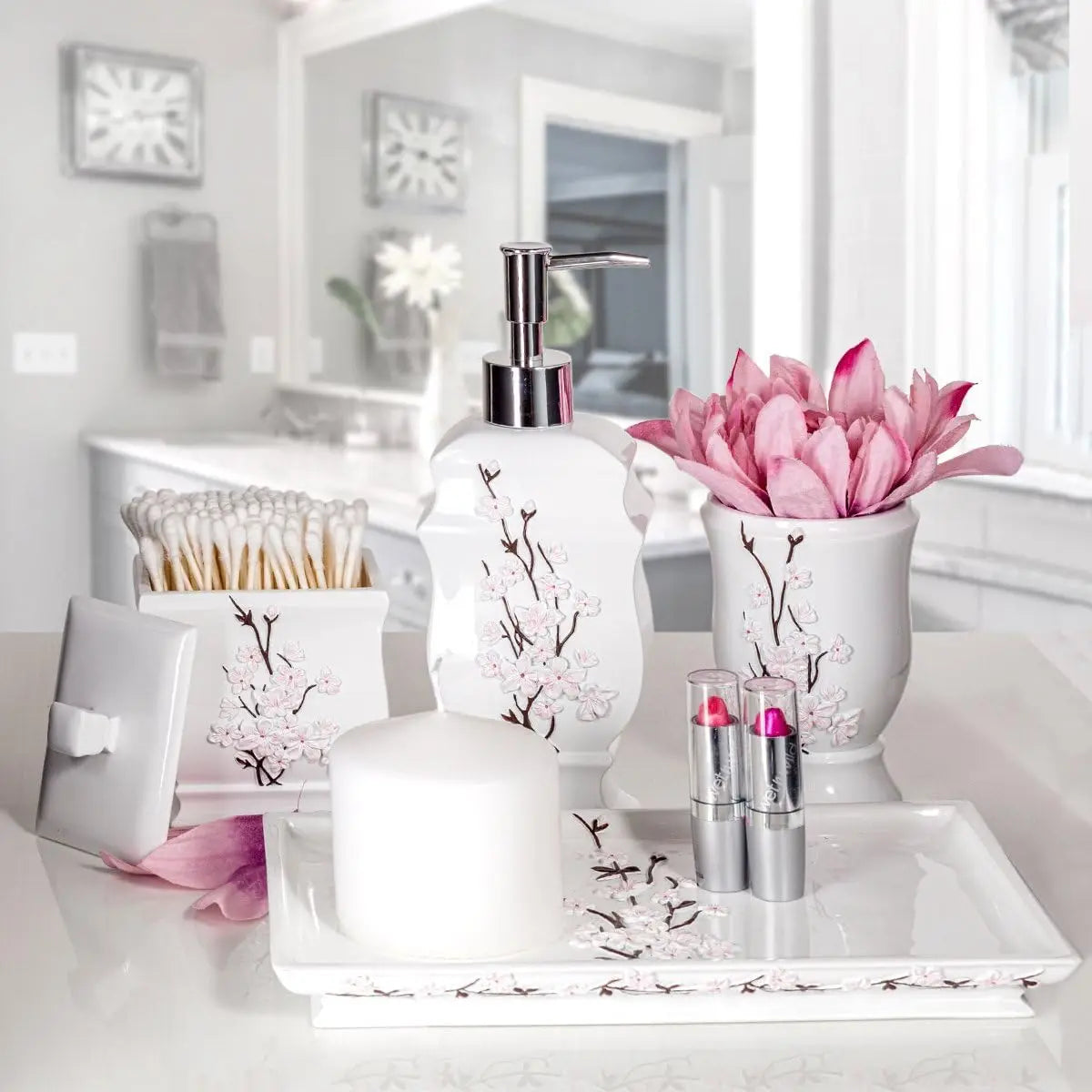 Cherry Blossom Bathroom Accessories Set 4 Piece Dispenser Toothbrush Holder Dish
