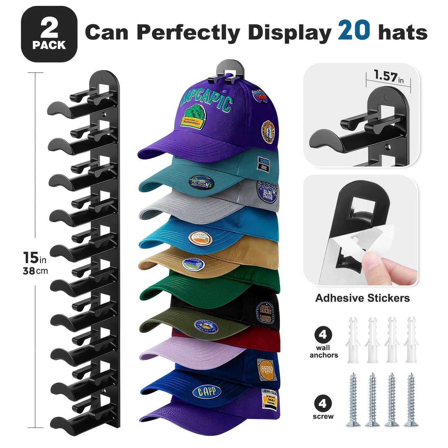Baseball Cap Hat Rack Wall Mount Or Adhesive Multi Layer Storage