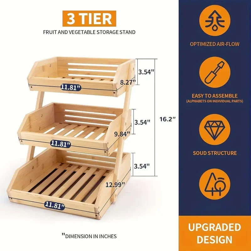 Three Layer Bamboo Fruit Basket Rack For Kitchen Countertop Storage
