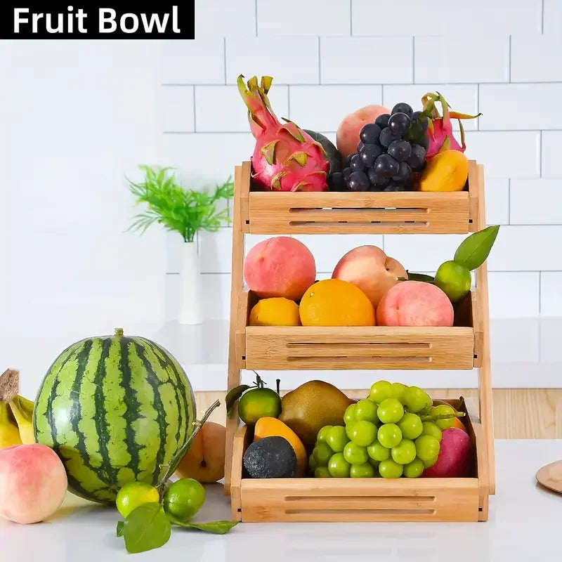 Three Layer Bamboo Fruit Basket Rack For Kitchen Countertop Storage