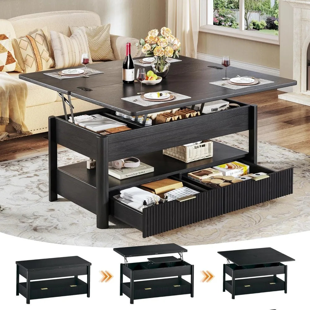 Modern Lift Top Coffee Table with Storage Shelf and Drawers