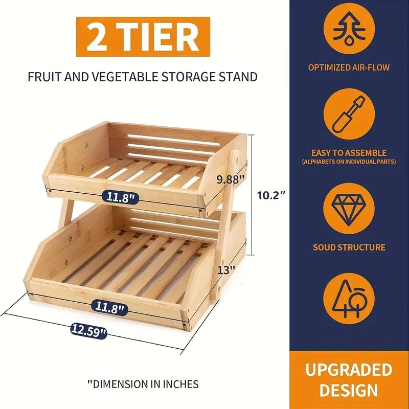 Three Layer Bamboo Fruit Basket Rack For Kitchen Countertop Storage