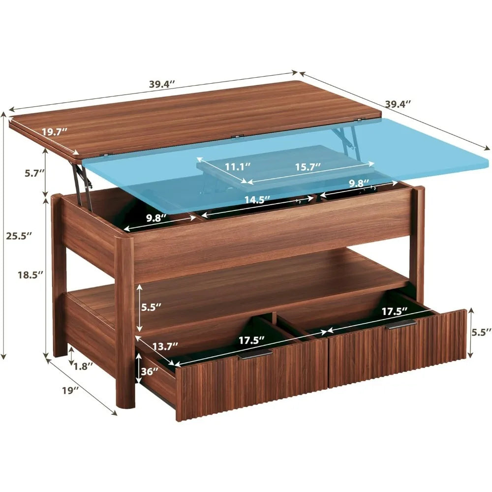 Modern Lift Top Coffee Table with Storage Shelf and Drawers