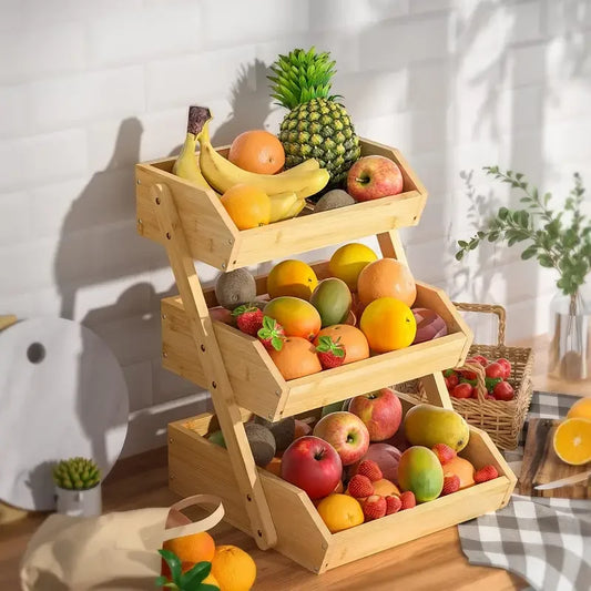 Three Layer Bamboo Fruit Basket Rack For Kitchen Countertop Storage