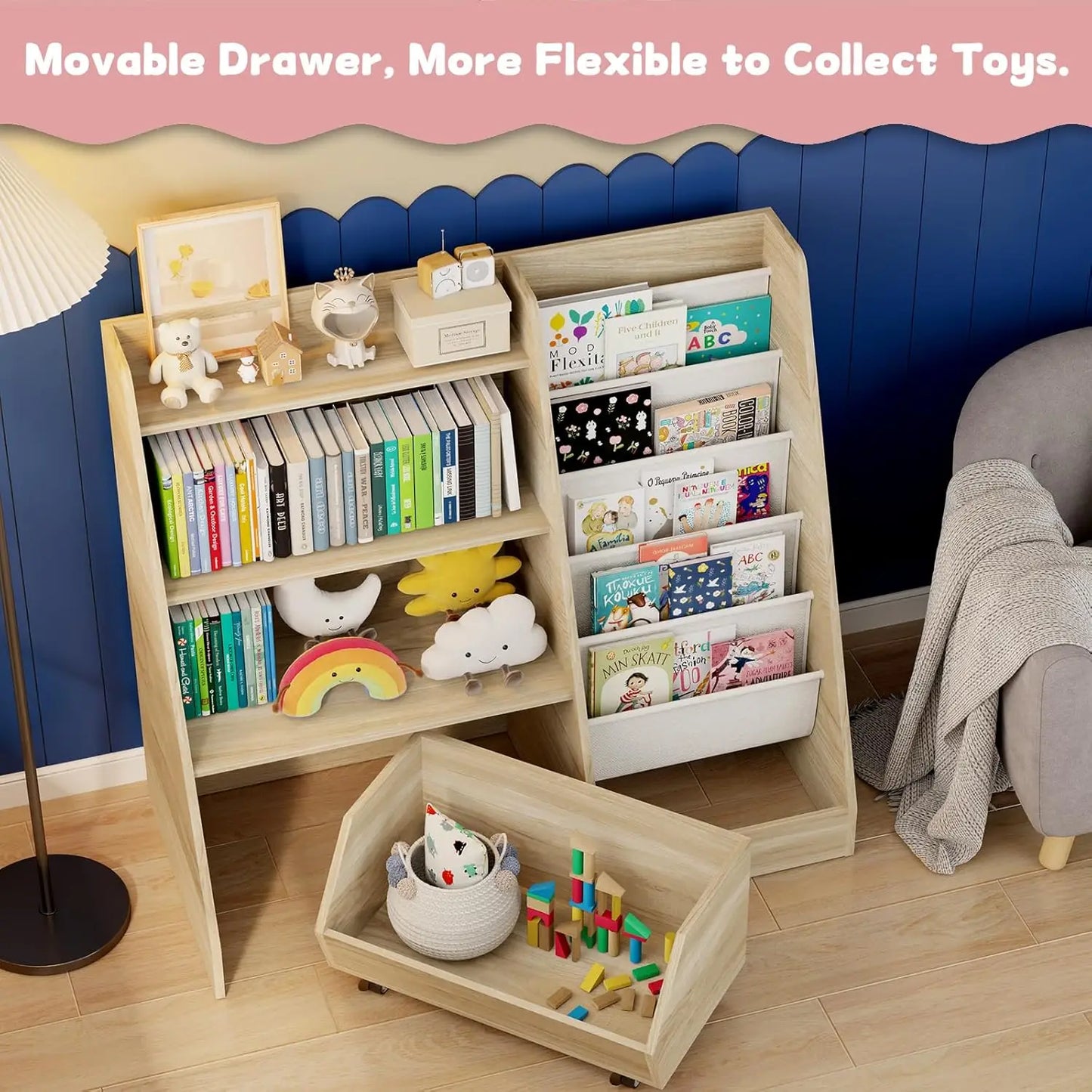4 Tier Kids Bookshelf With Movable Drawer 5 Pockets Montessori