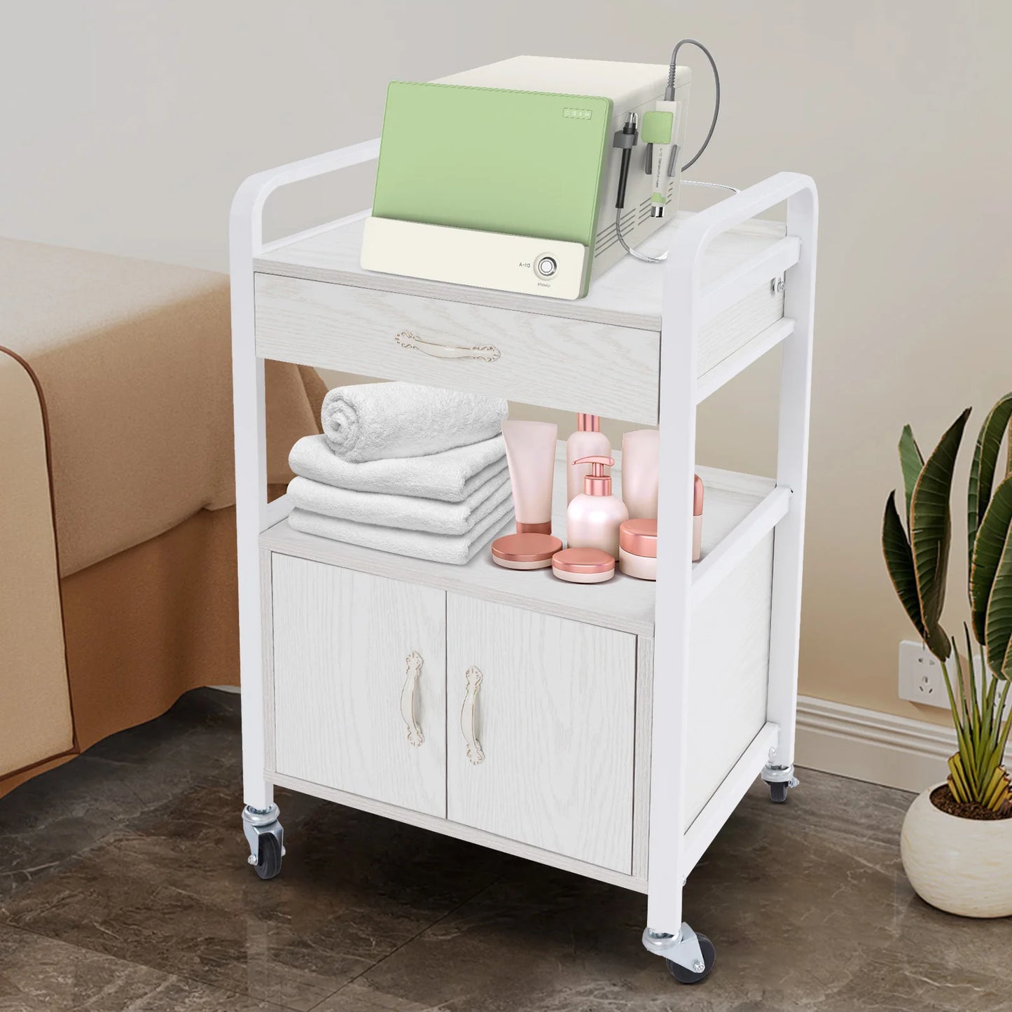 Bymaocar Salon Wood Panels Storage Cart Free Standing Organizer