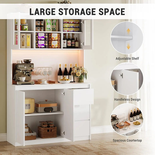 Studyset Kitchen Pantry Cabinet Microwave Stand With Led Lights And Outlets