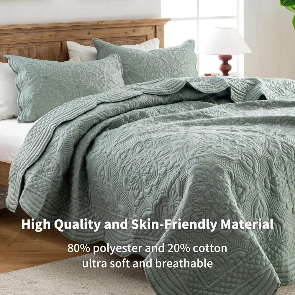 Color Embroidered Quilt Set 3 Piece Washed Cotton Reversible