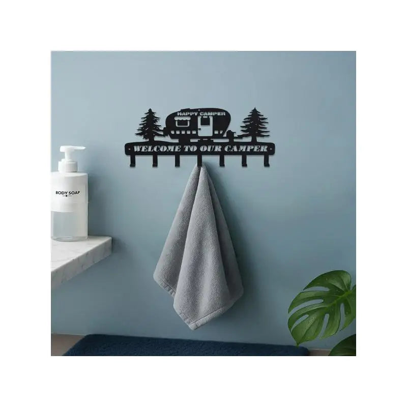 Rustic Metal Camper Key Holder With 7 Hooks And Pine Tree Design Wall Decor
