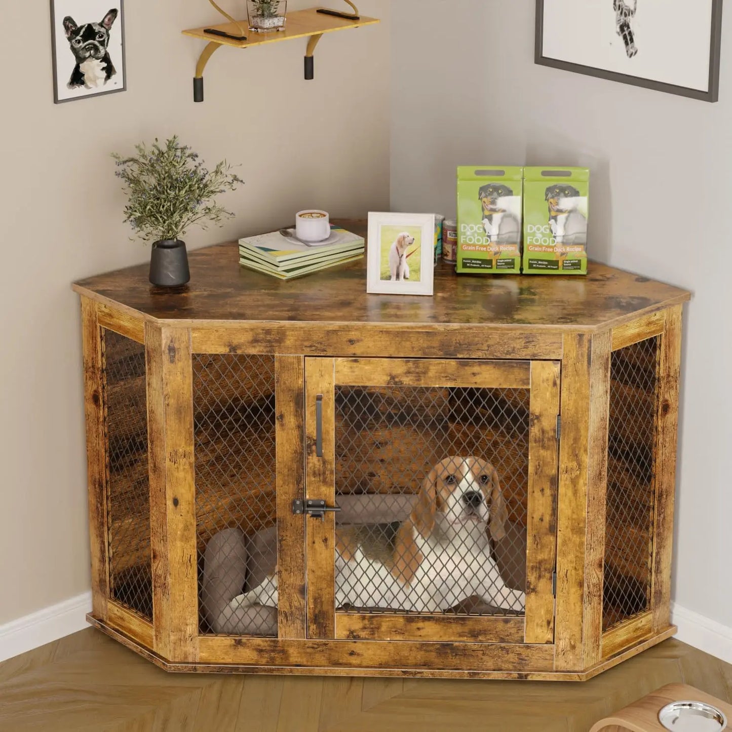 HUANZHUANG Corner Wooden Dog Crate Furniture Indoor Kennel