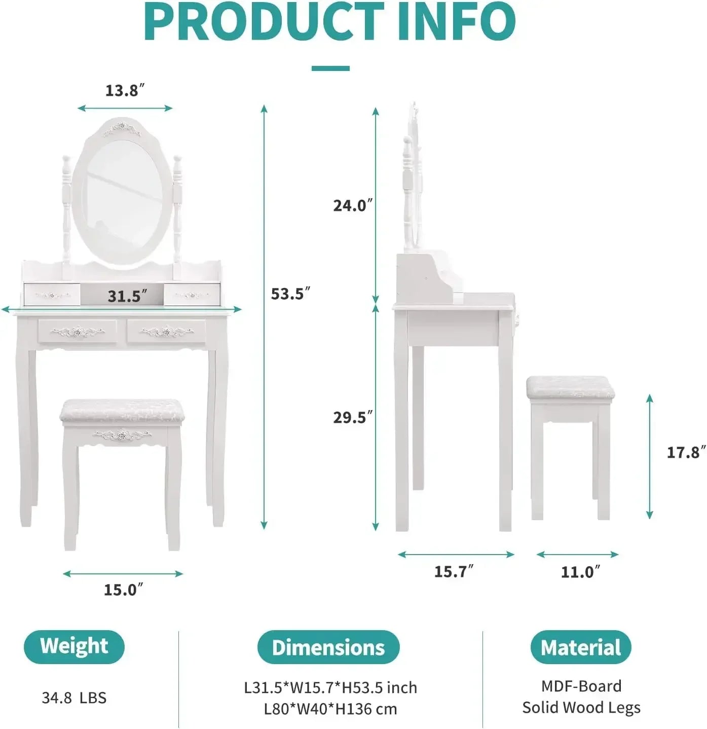 XMSJ Vanity Table Set With Oval Mirror And Stool Elite