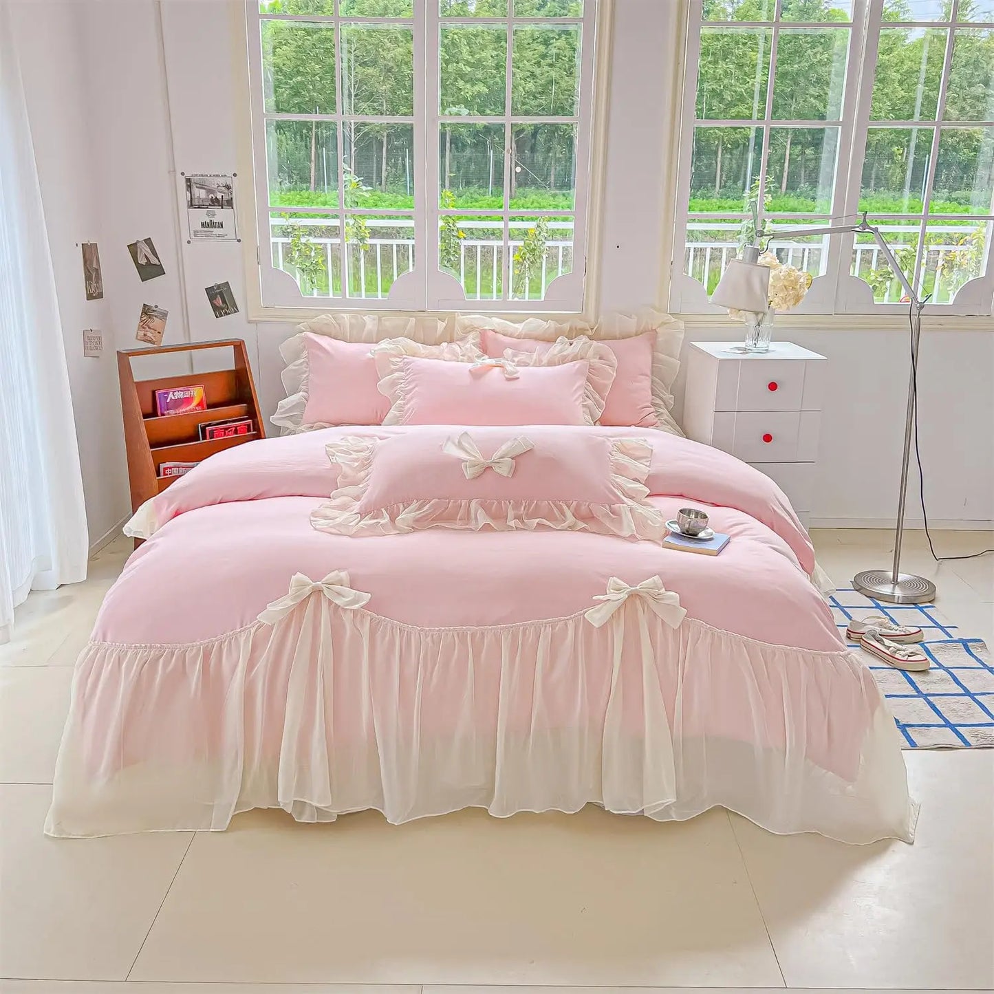 Lace Duvet Cover Set With Ruffles And Bow Includes Pillowcases