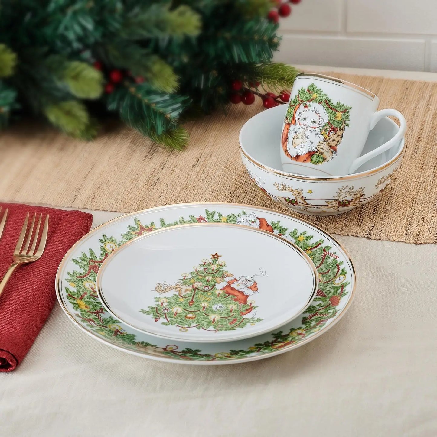Nicholas Gold Banded Holiday Dinnerware Set Service For Four