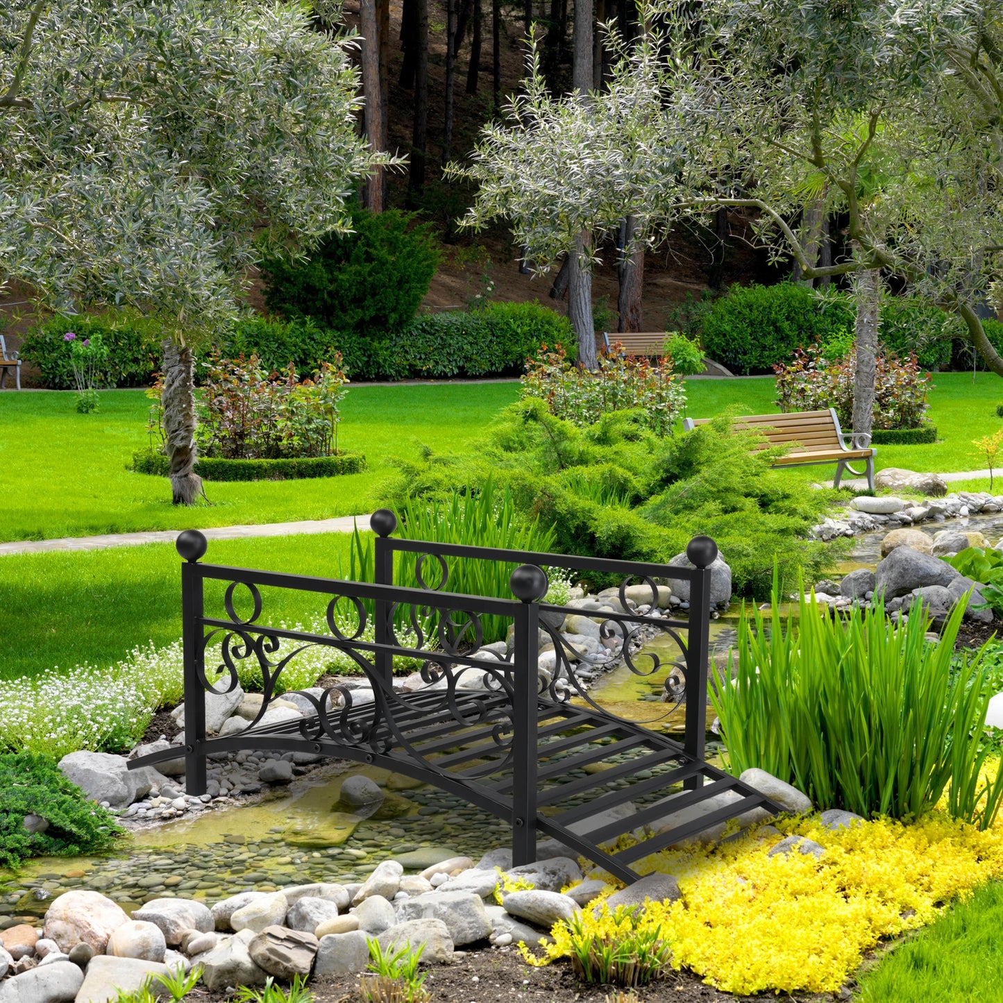 Garden Iron Bridge With Round Ball Flat Top Handrails