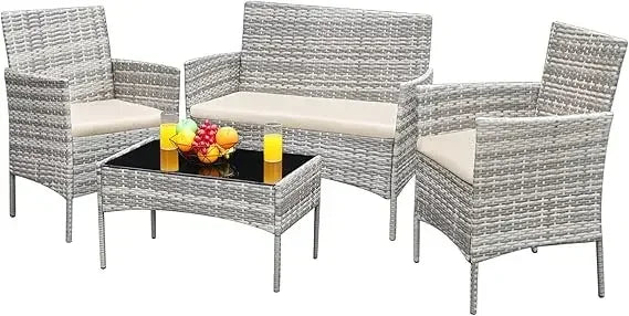 Outdoor Wicker Rattan 4-Piece Conversation Set For Patio