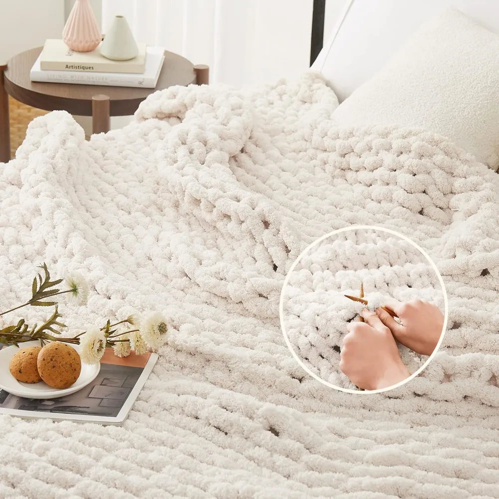 Chunky Knit Bamboo Fiber Blanket Throw Chenille Cable For Sofa