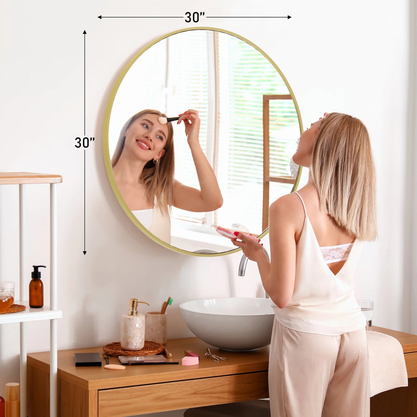 JHK Round Vanity Mirror With Matte Metal Frame For Wall