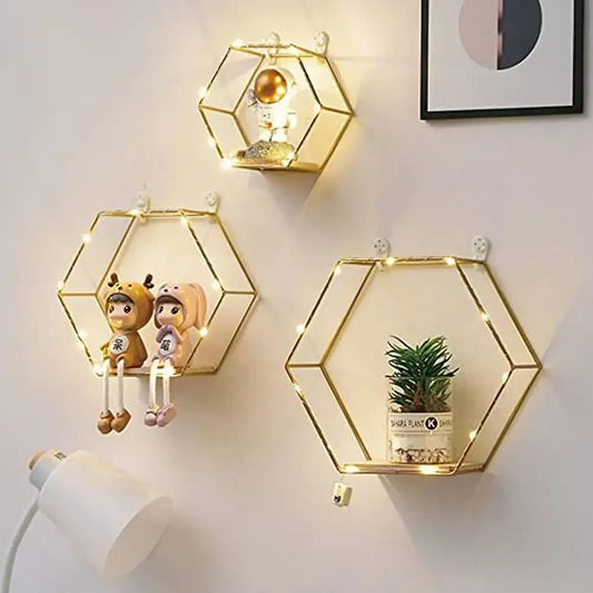XMSJ Hexagon Metal Wire Wood LED Floating Shelves Set