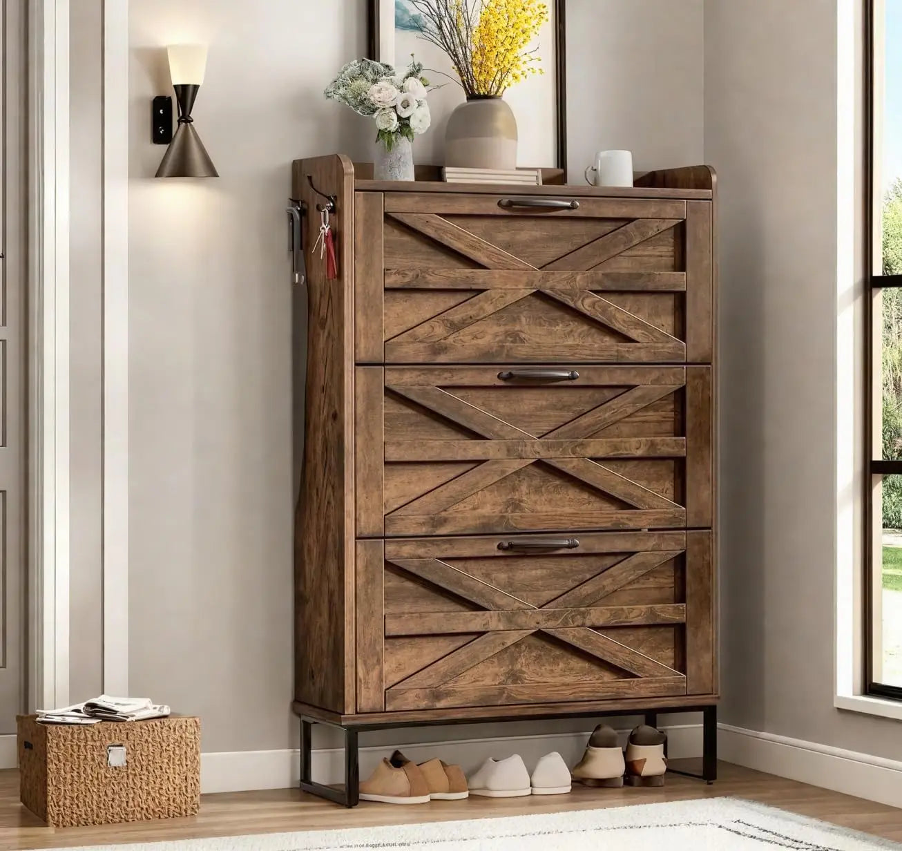 Hign Concerned Shoe Storage Cabinet With 3 Flip Drawers
