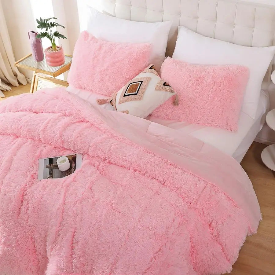 Fluffy Faux Fur Comforter Set Luxury Fuzzy Bedding