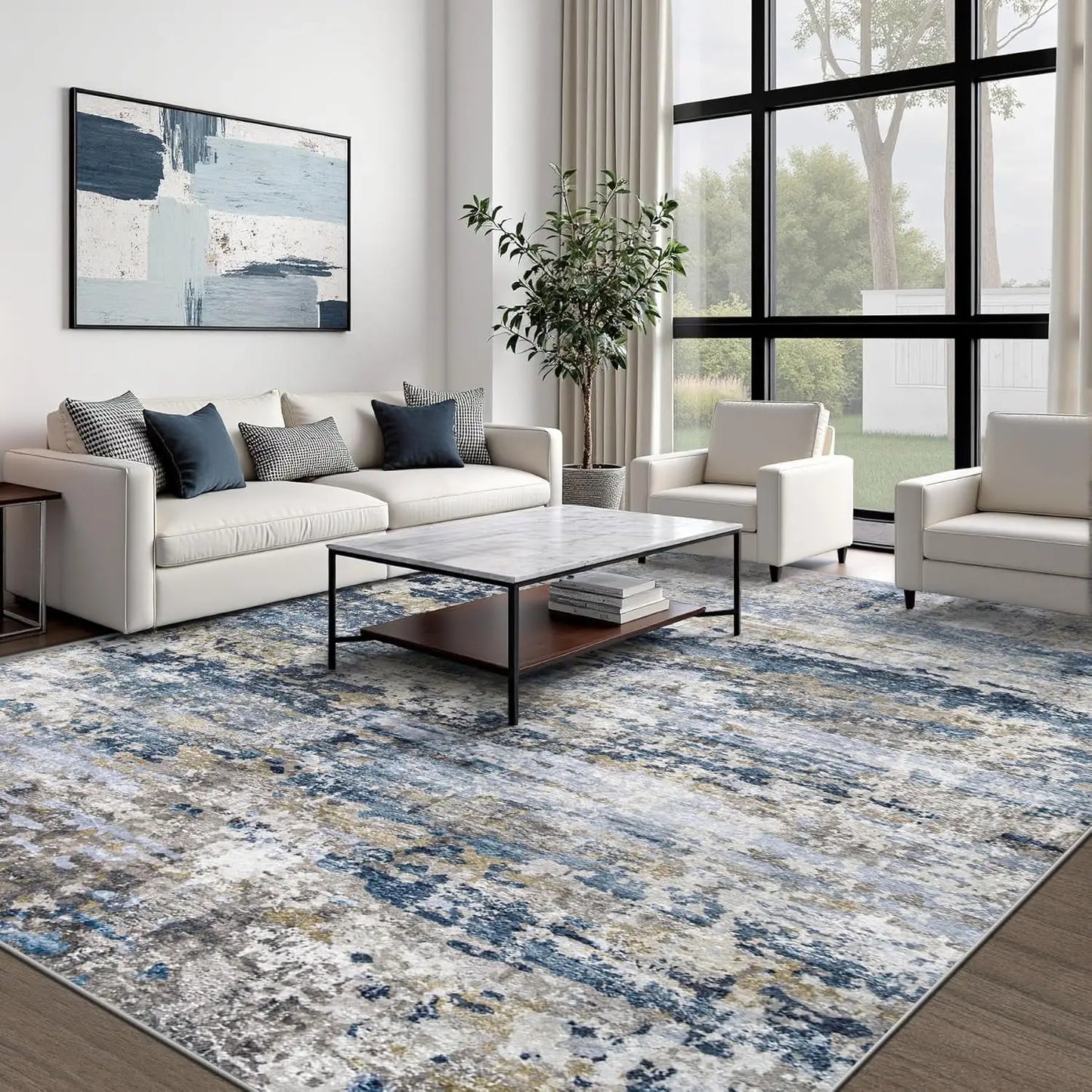 Color Modern Abstract Neutral Area Rug Soft Non-Slip Low-Pile