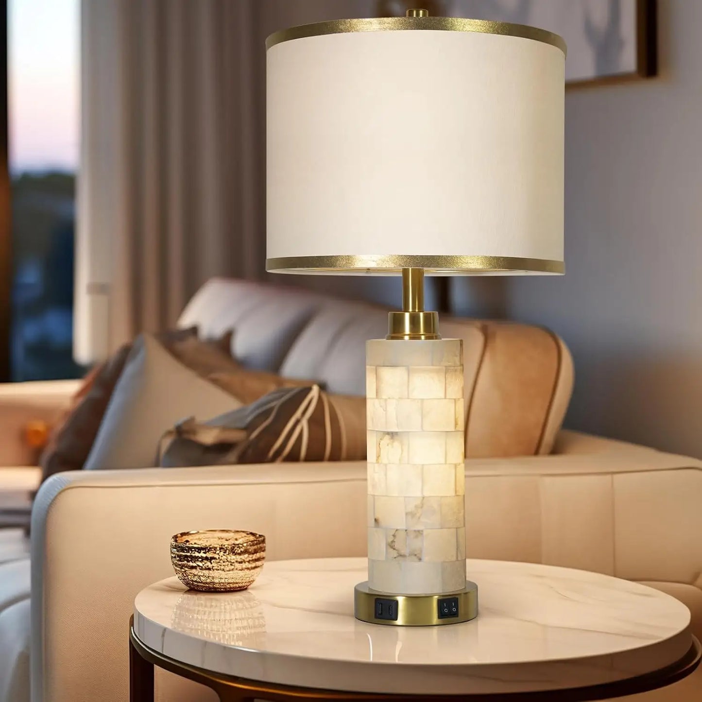 Alabaster Table Lamps Set Of 2 With USB Ports And Night Light