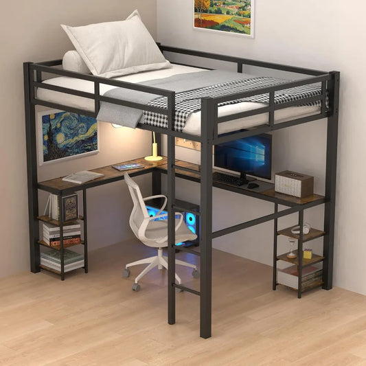 ZHUOTING Loft Bed With Desk And Open Shelves Heavy Duty Metal