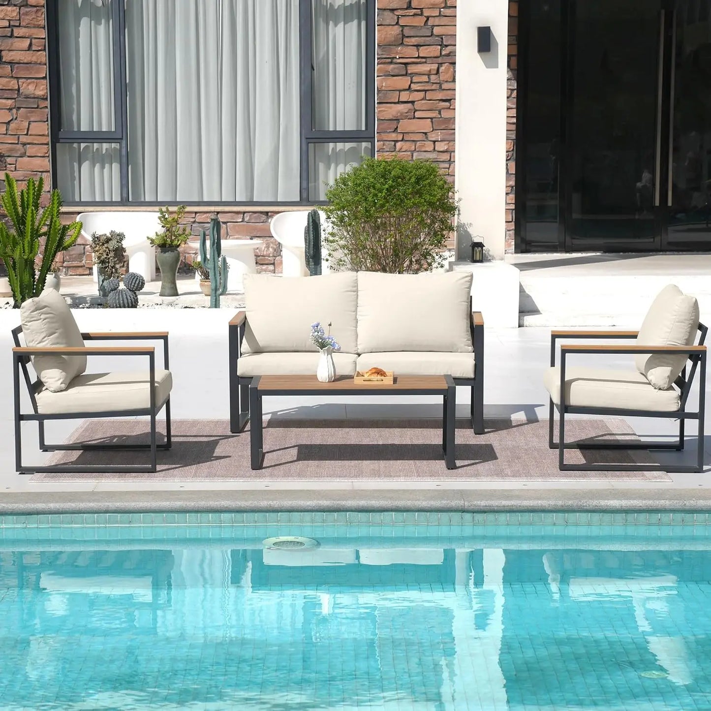 Wooden Outdoor Patio Furniture Set With Coffee Table 4 Piece